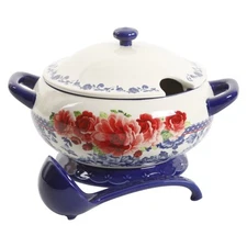 The Pioneer Woman Frontier Rose Cobalt Ceramic 3.17-Quart Soup Tureen with Ladle
