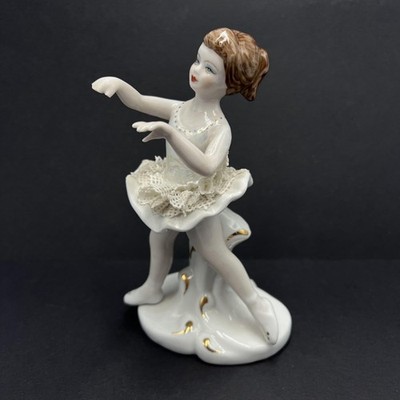 Vintage Porcelain Ballerina Figurine 5.9'' Lace Tutu Hand Painted Elegant Dancer