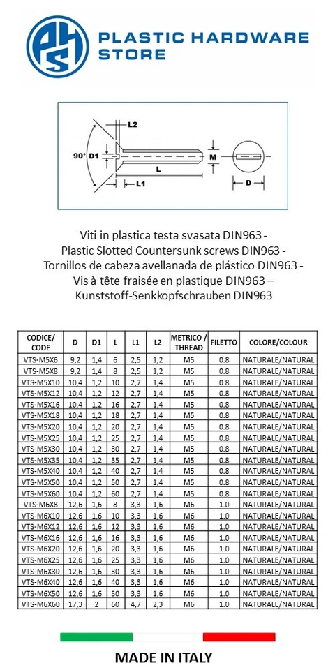 Viti in plastica testa svasata piana DIN963 taglio cacciavite da M2 a M10 - PHS - Immagine 3 di 4