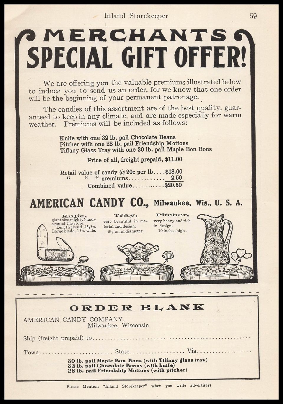 1911 American Candy Company Milwaukee Wisconsin Tiffany Glass Tray Gift Print Ad
