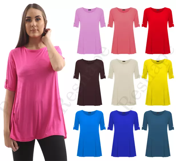 Women Short Turn Up Sleeves Button Top Ladies T Shirt Flared Swing Dress Top UK