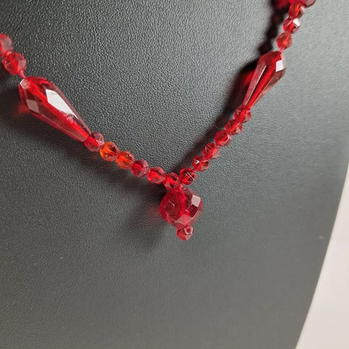 Vintage Necklace Red Lucite Plastic Facetted Beads Costume Jewelry 32"