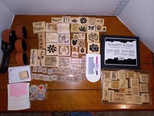 Stamps Stampin Up Rubber Set 90 Lot ,roller 4 Wheels, 3,ink Pads, 1 Scrub Pad