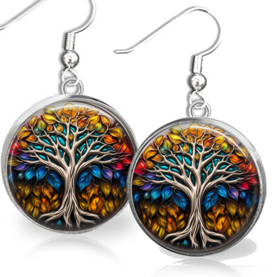 Faux Stained Glass Rainbow Tree of Life Earrings Dangle Sterling Celtic Symbol