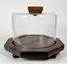 Vintage Mid Century Modern Cheese Keeper Wood Tray w/Glass Dome and Wood Handle