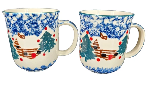 Tienshan Folk Craft Cabin In The Snow 2 Coffee Mugs Spongeware Christmas Cups
