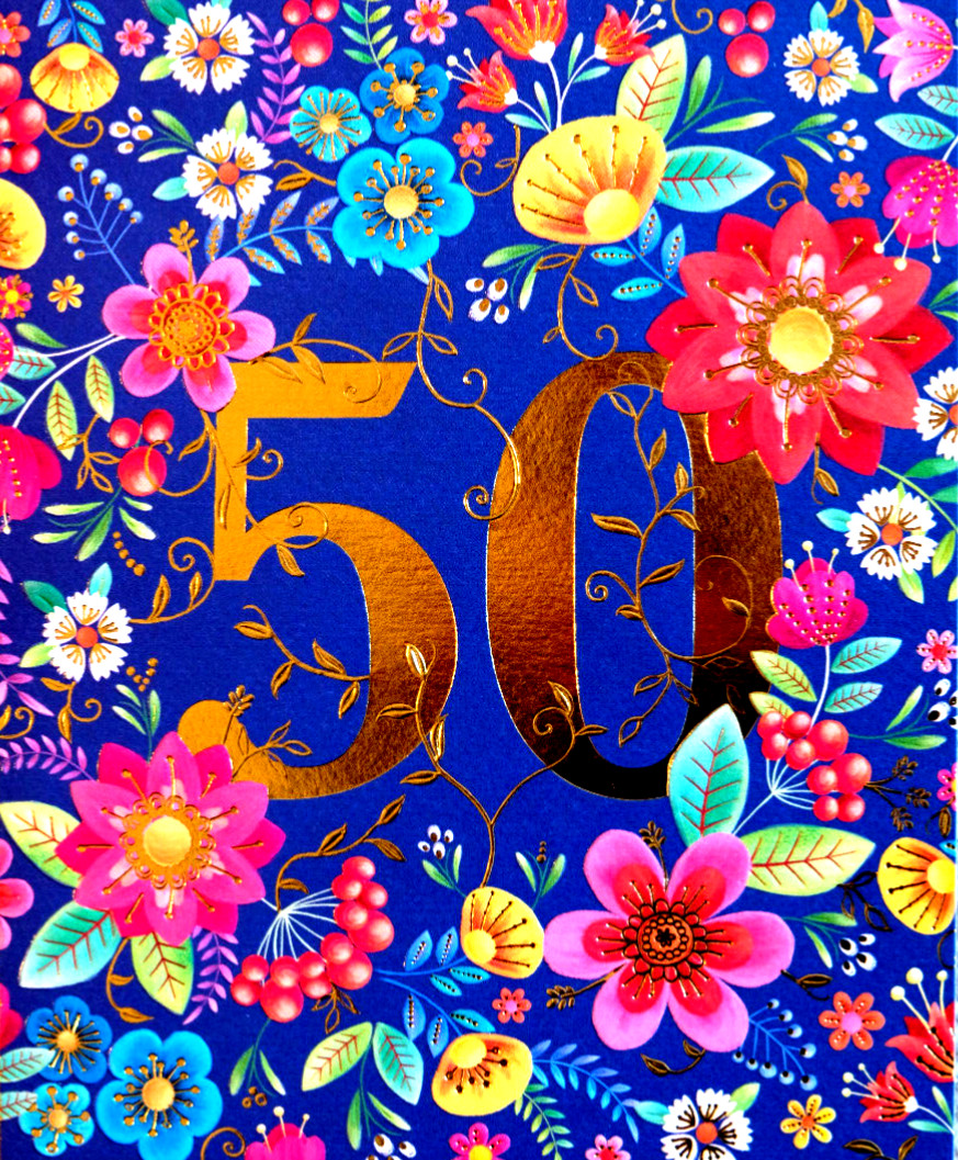 50th female birthday card floral golden embossed flowers ladies (#JOJJ0088)