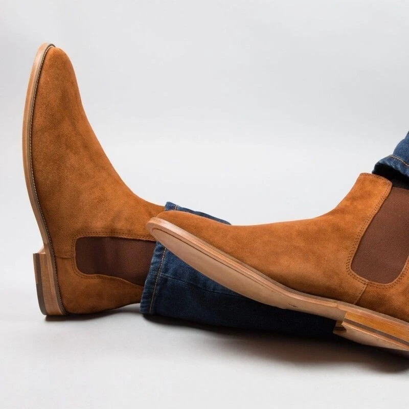 Custom Made Men Tan Chelsea Boots Suede Leather Dress Casual Formal Party Boots