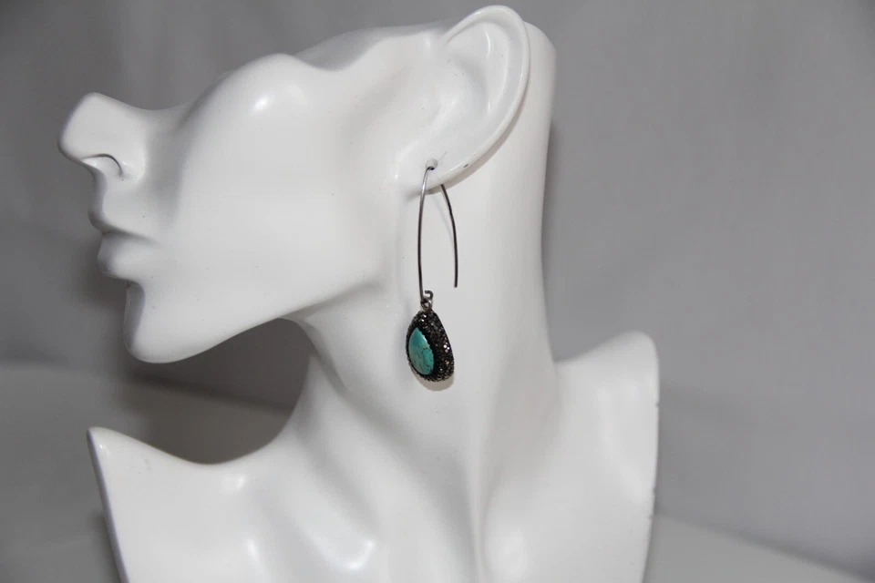 Sterling Silver Turquoise Hematite Threader Earrings. Gorgeous Drop Shaped - Image 3 of 4