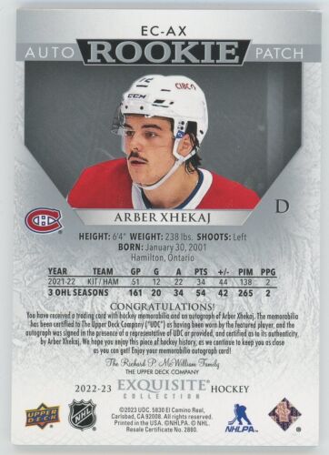 2022-23 Upper Deck The Cup Exquisite Rookie Patch Autographe Arber Xhekaj 29/72 - Photo 2 sur 3