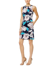 NEW NINE WEST MAVY BLUE PINK FLORAL COTTON SHIFT  DRESS SIZE 14 $99