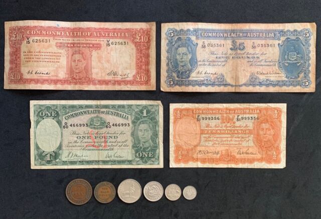 Vintage set of Commonwealth of Australia Banknotes inc First Prefix Ten Pounds