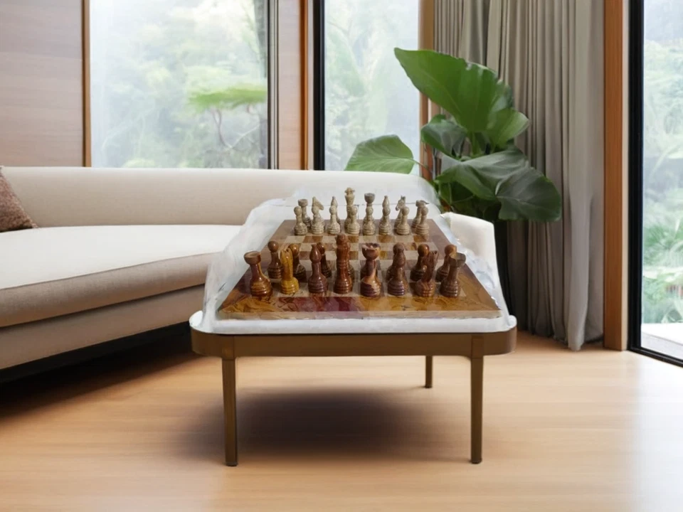 Ensemble échiquier fait main en marbre rouge et onyx + pierre de corail 30 cm - Photo 3/4