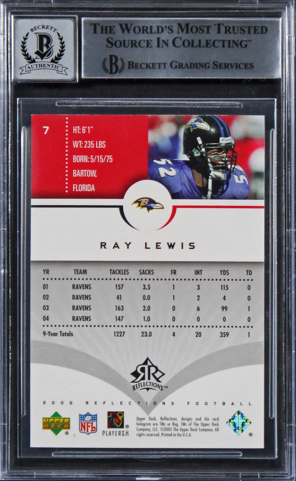 Tarjeta Ravens Ray Lewis Auténtica Firmada 2005 Reflections #7 ¡Auto 10! Losa BAS Foto 2 de 2