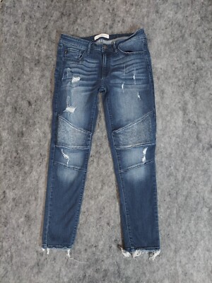 Kancan Jeans Womens 9/28 Blue Moto Raw Hem Distressed Skater Ankle Whiskered