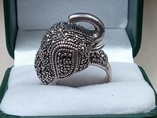 Sterling Silver Ring w. Marcasite Encrusted Elephant - Trunk Up - Size 7