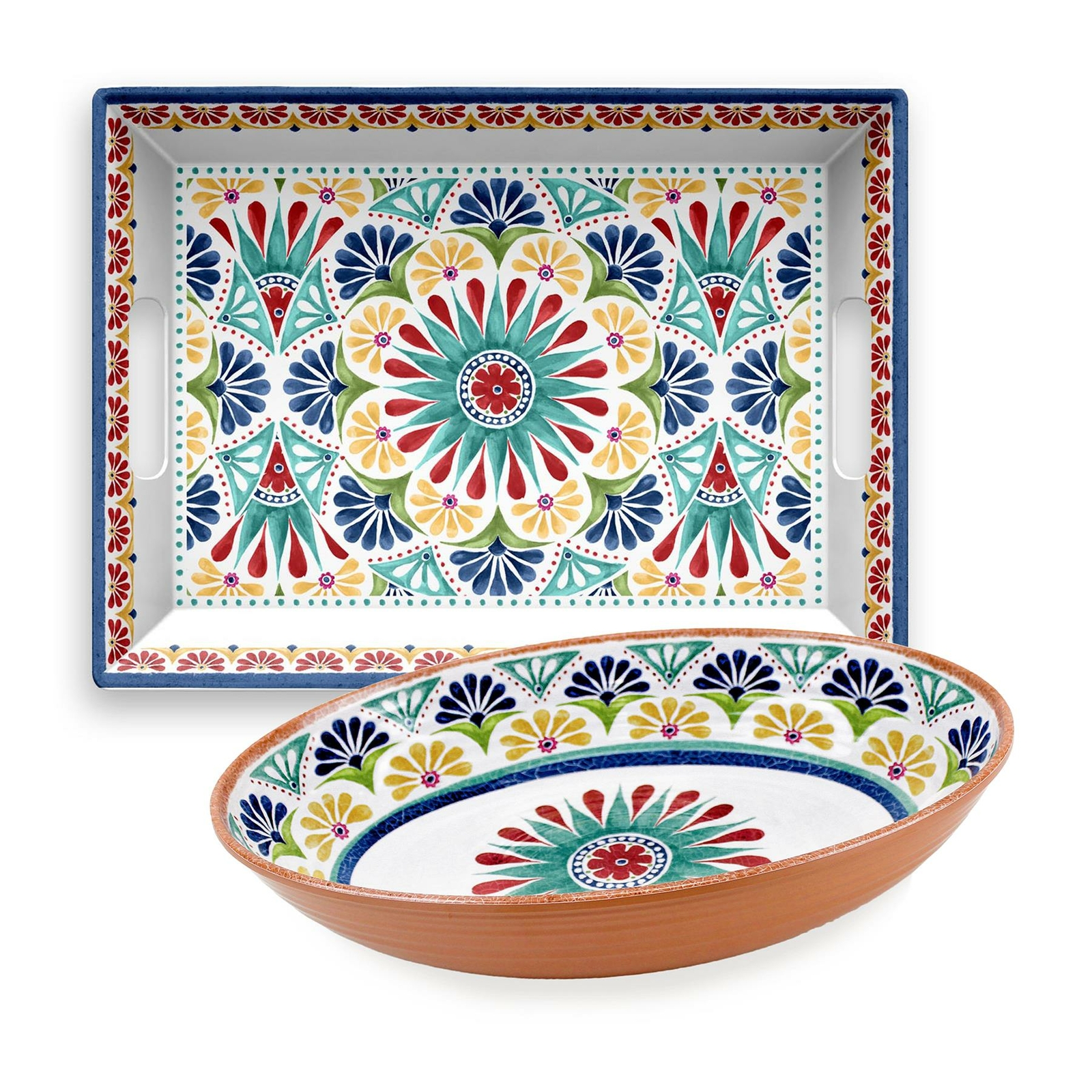 Purely Home Rio Medallion Melamine Oval Bowl & Rectangular Serving Tray Set