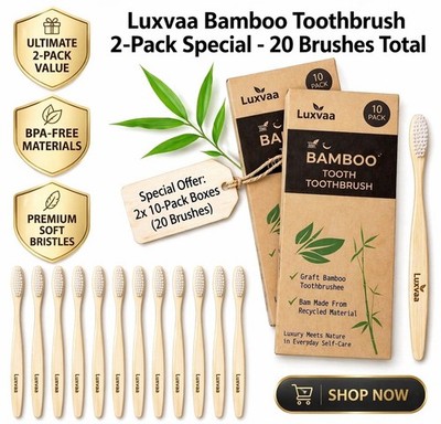 Bamboo Toothbrushes Value 2-Pack, 20 Brushes Total Eco-Friendly, BPA-free