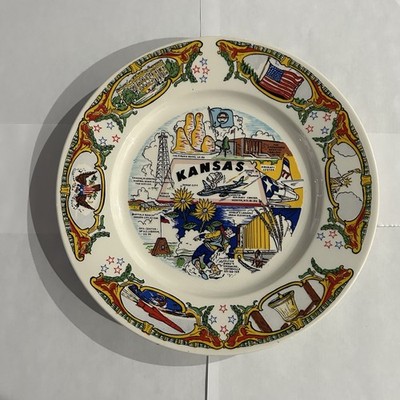 RARE Bicentennial State Of Kansas Souvenir Plate 10 3/8  USA Plane Sunflower