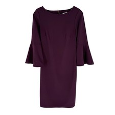 Calvin Klein Sheath Dress Womens Size 2 Purple Flare Sleeve Crepe Knit Classic