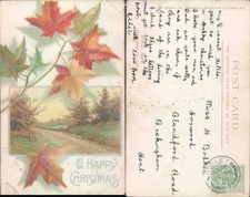 A Happy Christmas with leaves Stewart Woolf 1907 postmark