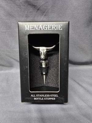 Menagerie Wine Stopper Stainless Steel Long Horn Bull, New In Box
