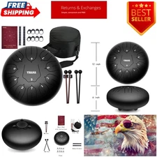 Elegant 12-Inch Black Steel Tongue Drum - 11 Notes with Mallets & Case Included