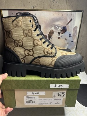 Gucci Monogram Jumbo Maxi GG Lace Up Boots Camel Black US 13 