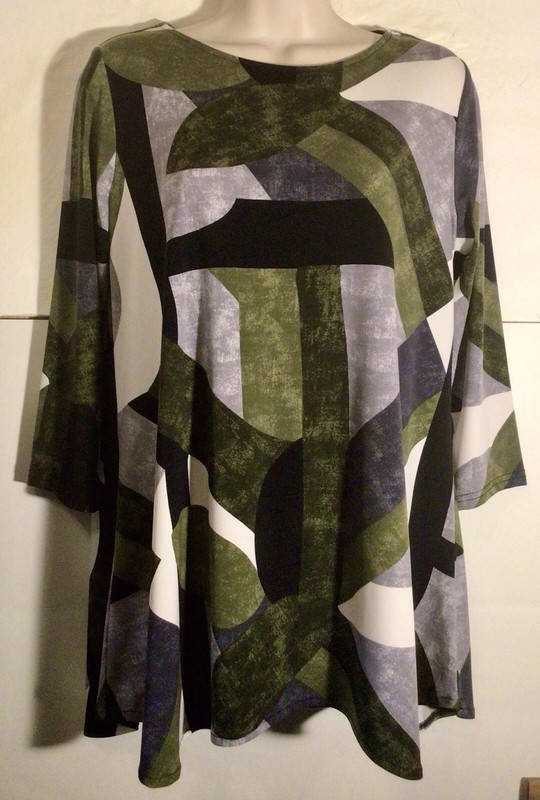 ALFANI WOMENS PETITE SZ P L TUNIC LENGTH TOP MULTI GREEN/GRAY ABSTRACT PRINT