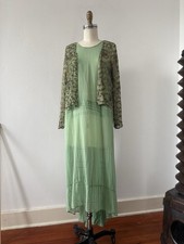 1920s 1930s Art Deco Silk Chiffon Dress  Lam  Embroidered Jacket Celadon