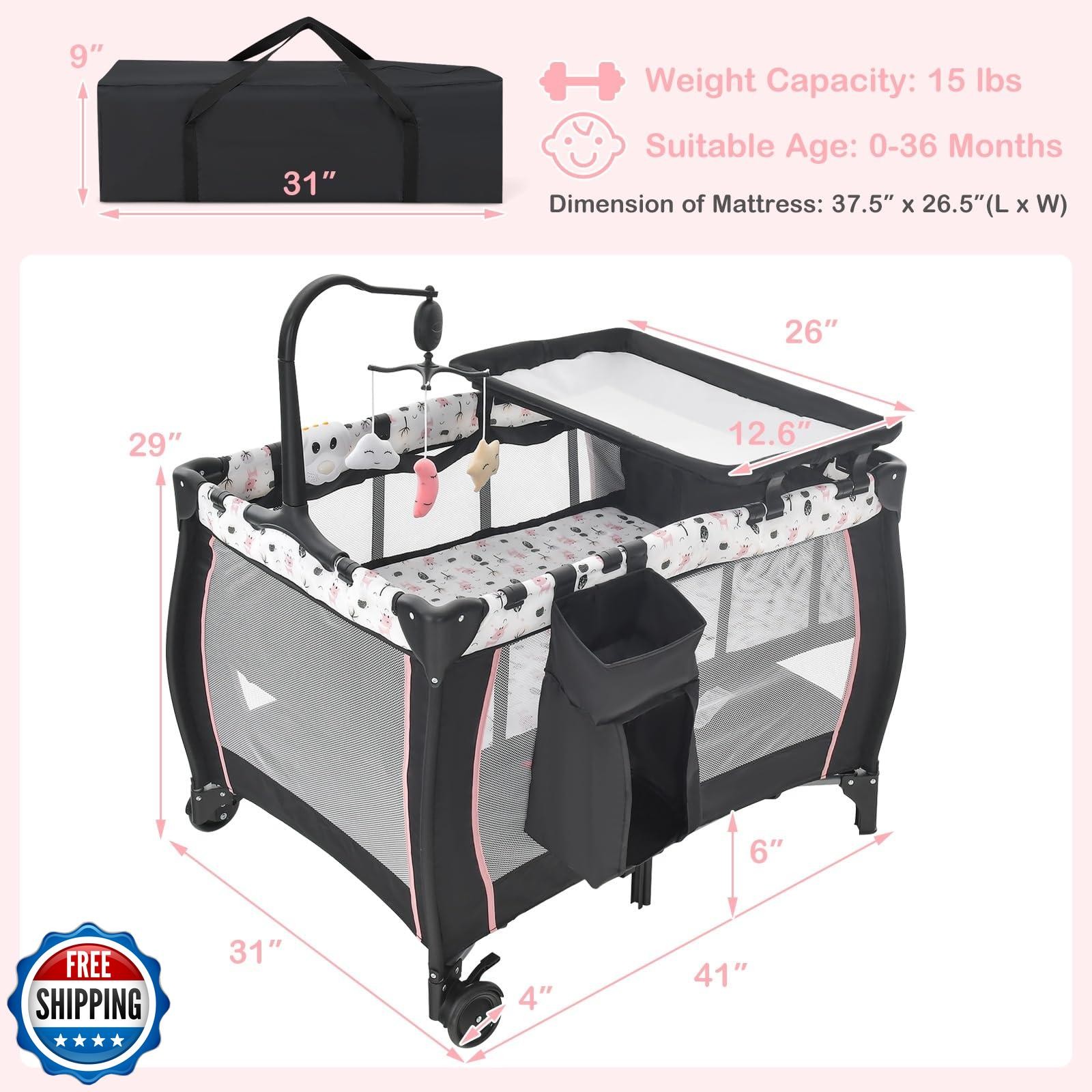 INFANS 3 in 1 Pack and Play, Portable Travel Baby Crib Bassinet with Detachab