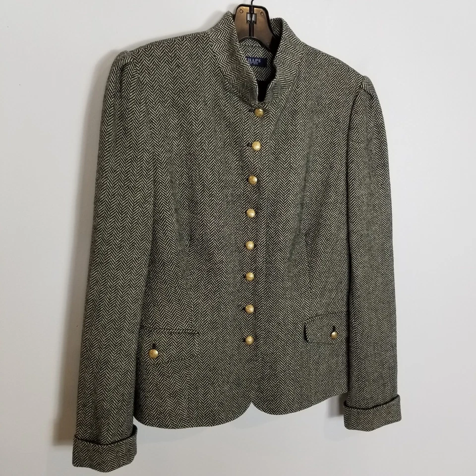VTG Chaps Womens Wool Blend Jacket Blazer Sz XL Gray Herringbone Gold Button  - Image 4 of 4