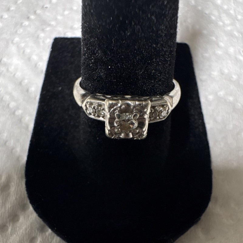 10K White Gold Round Diamond Prong Set Engagement Ring Signed Size 7 2mm