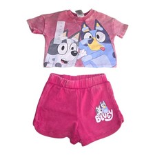 Bluey 2pc Set Bingo Bluey Magenta 12M Summer Outfit Washed Crewneck Shorts
