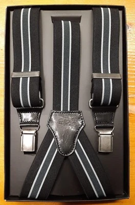 Bretel rayé 923 noir et tons gris cuir 36 mm - 100 % Made in Italy - Photo 1/4