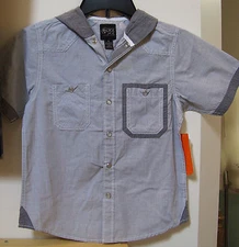 Boys Black Jack Hooded Grey Short Sleeve Micro Stripe Shirt Sz S 