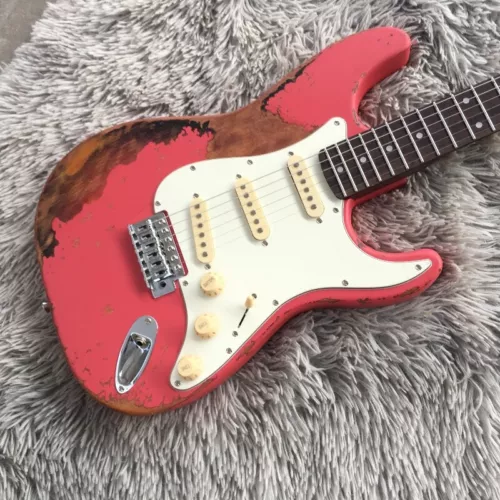 ST Relic Electric Guitar Pink Aged SSS Pickups Tremolo Bridge Fast Delivery