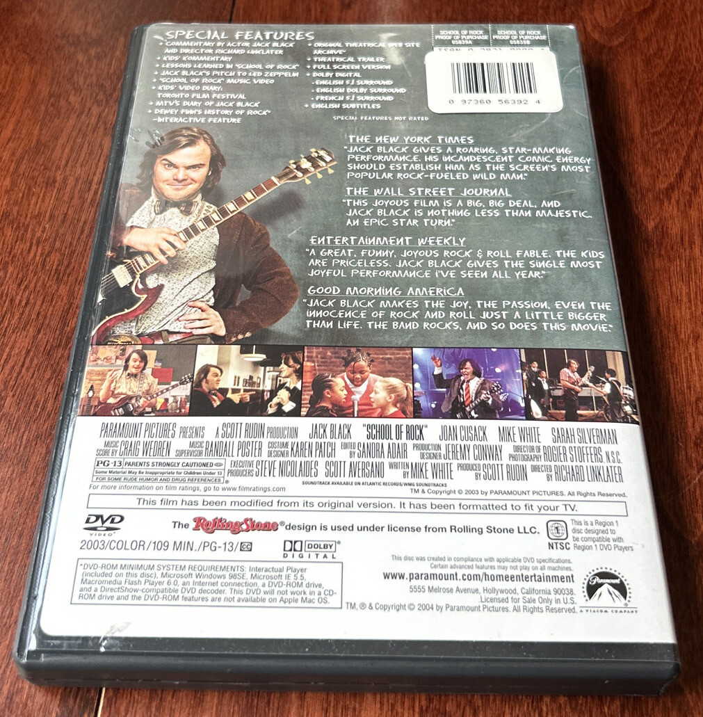The School of Rock (DVD, 2004, Full Frame) Jack Black. 97360563924