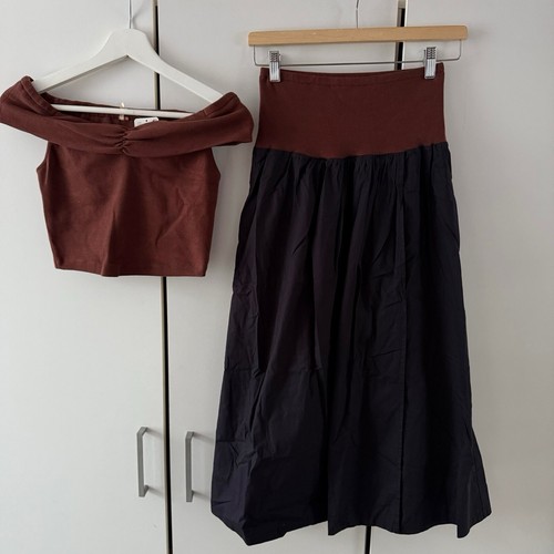 Free People Cooler in Capri Off the Shoulder Top & Midi Skirt Set Size XS Brown - Picture 4 of 13