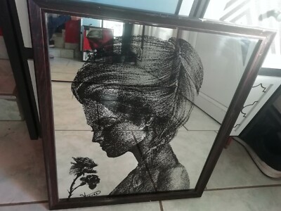 SPIEGELRAHMEN SIEBDRUCK VINTAGE PORTRAIT FRAU MIT ROSE SIGNIERT
