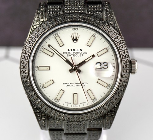 Rolex Datejust 41mm Noir Icedout 10ct Diamant Blanc Cadran Montre 116300 Papiers - Photo 2 sur 13