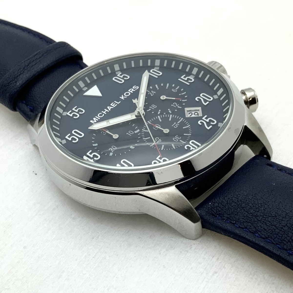 NEW AUTHENTIC MICHAEL KORS GAGE SILVER BLUE LEATHER CHRONOGRAPH