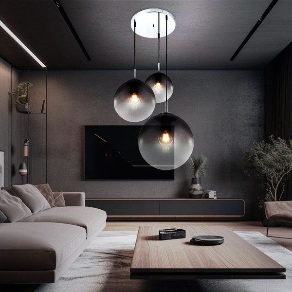Decken HäNge Lampe Glas Kugel Strahler Rauch Wohn Zimmer Chrom Pendel Leuchte-image