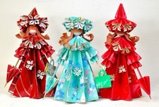 Poupées d'art japonaises anciennes en papier origami H7" faites main vers 1980 du Japon