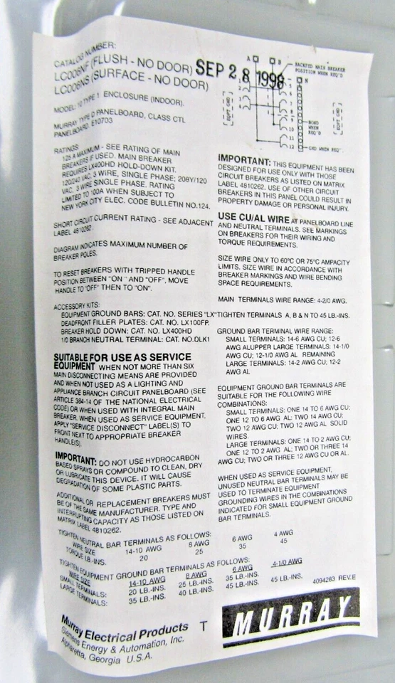 🔥NEW MURRAY LC006NSU 6 SPACE 1Ø 125A MAIN LUG LOAD CENTER ENCLOSURE ONLY - Image 4 of 4