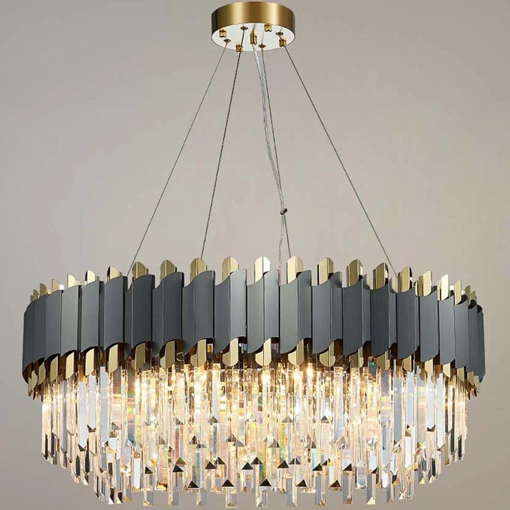 WDW 8 Light K9 Crystal Ceiling Pendant Chandelier Dark Grey Gold 60cm D