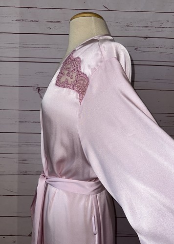 LEJABY Paris Neiman Marcus Size L Satin Lace Trim Long Kimono Robe Pink Belt - Picture 7 of 18