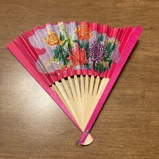 Vintage Floral Wooden Hand Fans Fold Up 1950-1960 Taiwan Pink