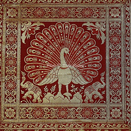 Indian Throw Pillow Covers Burgundy 40x40 cm Jacquard Peacock Cushion Covers - Picture 4 of 4