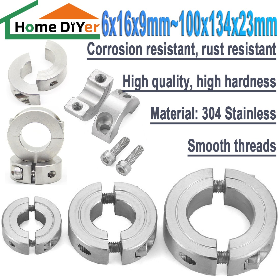6-100mm Bore 304 stainless Double Split Shaft Clamp Collar Bushing Thick 9-23mm